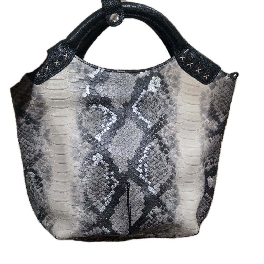 Isabella Adams Gray Black Python Print Leather Satchel Handbag Whipstitch Zip...